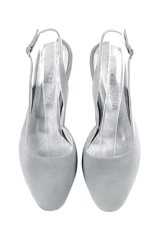 Women's pearl grey slingback dress shoes. Round toe. High kitten heels - Top view